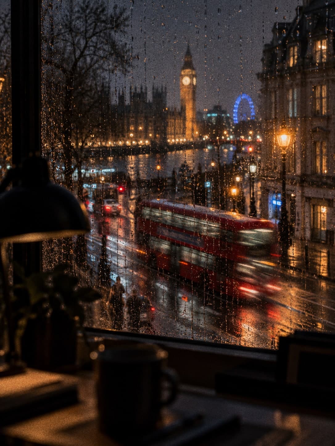 Rain on a window above a London street at night, a red bus blurred with motion, Big Ben beyond