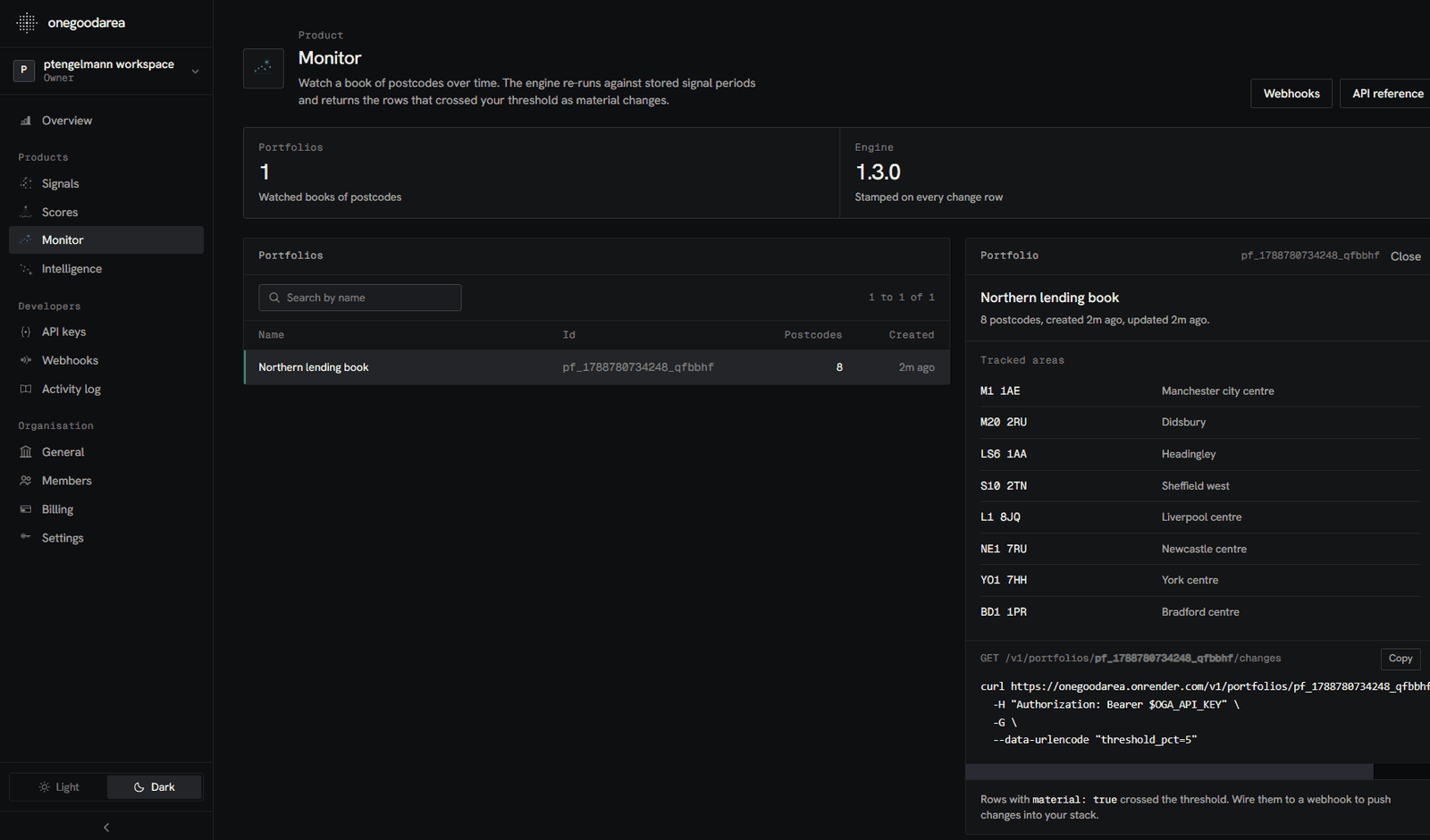 The Monitor workspace in the OneGoodArea console, a portfolio of tracked postcodes beside its change endpoint